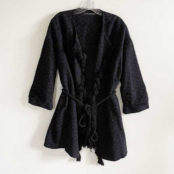 Zara Navy Jacquard Fringe Tassel Kimono Jacket - Picture 3 of 10